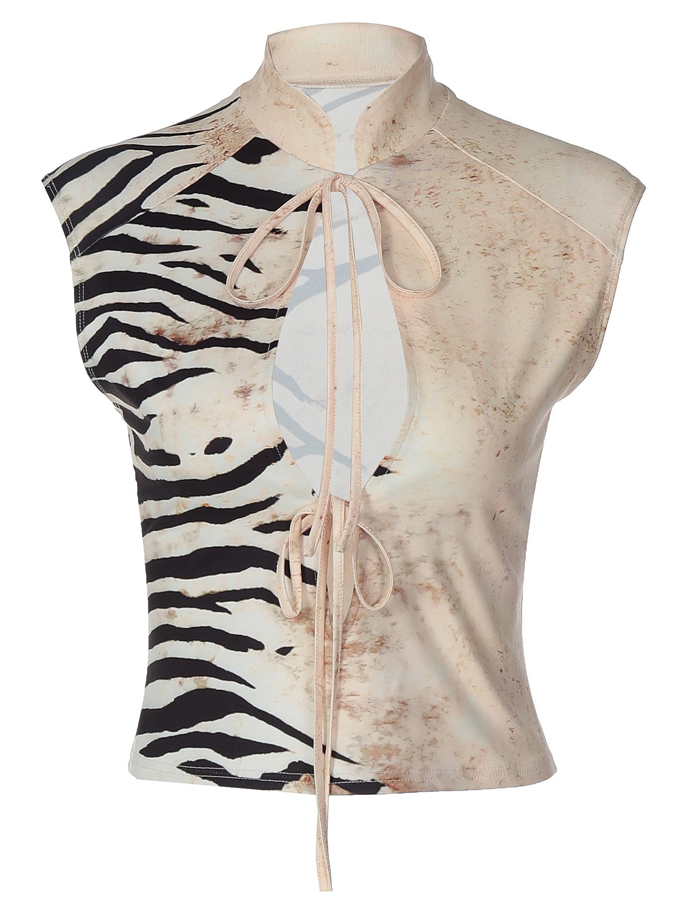 Women's Zebra Print Cutout Crop Top – Sleeveless Mock Neck Tie-Front Blouse - Image 5
